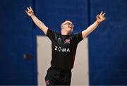 11 May 2025; Jonathan Evans of Dundalk celebrates after scoring a goal during the LOI Cairdeas Cup Festival match between Dundalk and Sligo Rovers at the National Indoor Arena on the Sport Ireland Campus in Dublin. Photo by Stephen McCarthy/Sportsfile