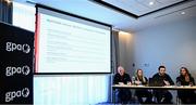 14 May 2025; GPA representatives, from left, Ciarán Barr, GPA Head of Finance, Gemma Begley, GPA Head of Equality & Player Relations, Tom Parsons, GPA chief executive officer, and Aisling Maher, GPA NEC Co-Chair, during the Gaelic Players Association AGM 2025 media conference at the Radisson Blu Dublin Airport Hotel in Dublin.  Photo by Piaras Ó Mídheach/Sportsfile