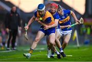 14 May 2025; Fiachra Ó Braoin of Clare in action against Cathal English of Tipperary during the oneills.com Munster GAA Hurling U20 Championship final match between Tipperary and Clare at TUS Gaelic Grounds in Limerick. Photo by Tyler Miller/Sportsfile
