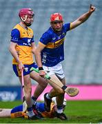 14 May 2025; Cathal English of Tipperary celebrates after scoring his side's third goal during the oneills.com Munster GAA Hurling U20 Championship final match between Tipperary and Clare at TUS Gaelic Grounds in Limerick. Photo by Tyler Miller/Sportsfile