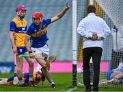 14 May 2025; Cathal English of Tipperary celebrates after scoring his side's third goal during the oneills.com Munster GAA Hurling U20 Championship final match between Tipperary and Clare at TUS Gaelic Grounds in Limerick. Photo by Tyler Miller/Sportsfile