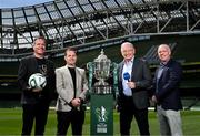 15 May 2025; The Football Association of Ireland and RTÉ have today announced a new two-year broadcast agreement for the Sports Direct Men’s FAI Cup. RTÉ2 will show six games in the 2025 competition for the first time and seven fixtures in the 2026 edition. In attendance, from left, are RTÉ sports presenter Peter Collins, League of Ireland director Mark Scanlon, Tony O'Donoghue and FAI Commercial Director Sean Kavanagh at the Aviva Stadium in Dublin. Photo by David Fitzgerald/Sportsfile