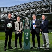 15 May 2025; The Football Association of Ireland and RTÉ have today announced a new two-year broadcast agreement for the Sports Direct Men’s FAI Cup. RTÉ2 will show six games in the 2025 competition for the first time and seven fixtures in the 2026 edition. In attendance, from left, are RTÉ sports presenter Peter Collins, League of Ireland director Mark Scanlon, Tony O'Donoghue and FAI Commercial Director Sean Kavanagh at the Aviva Stadium in Dublin. Photo by David Fitzgerald/Sportsfile