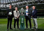 15 May 2025; The Football Association of Ireland and RTÉ have today announced a new two-year broadcast agreement for the Sports Direct Men’s FAI Cup. RTÉ2 will show six games in the 2025 competition for the first time and seven fixtures in the 2026 edition. In attendance, from left, are RTÉ sports presenter Peter Collins, League of Ireland director Mark Scanlon, Tony O'Donoghue and FAI Commercial Director Sean Kavanagh at the Aviva Stadium in Dublin. Photo by David Fitzgerald/Sportsfile