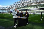 3 May 2025; Premier Sports presenter Martin Bayfield, left, with analysts Lawrence Dallaglio, Rob Kearney and Pat Lam before the Investec Champions Cup semi-final match between Leinster and Northampton Saints at the Aviva Stadium in Dublin. Photo by Brendan Moran/Sportsfile