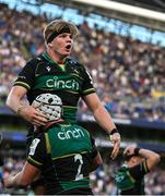 3 May 2025; Henry Pollock of Northampton Saints celebrates with teammate Curtis Langdon, 2, at the final whistle of the Investec Champions Cup semi-final match between Leinster and Northampton Saints at the Aviva Stadium in Dublin. Photo by Brendan Moran/Sportsfile