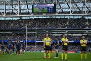 3 May 2025; Referee Pierre Brousset, centre, and his assistant referees Luc Ramos and Gianluca Gnecchi watch the final play of the game with teh TMO during the Investec Champions Cup semi-final match between Leinster and Northampton Saints at the Aviva Stadium in Dublin. Photo by Brendan Moran/Sportsfile