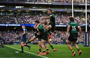 3 May 2025; Alex Mitchell of Northampton Saints, top, celebrates with teammates at the final whistle of the Investec Champions Cup semi-final match between Leinster and Northampton Saints at the Aviva Stadium in Dublin. Photo by Brendan Moran/Sportsfile