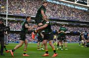 3 May 2025; Henry Pollock of Northampton Saints, top, celebrates with teammates at the final whistle of the Investec Champions Cup semi-final match between Leinster and Northampton Saints at the Aviva Stadium in Dublin. Photo by Brendan Moran/Sportsfile