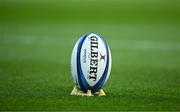3 May 2025; A general view of an official match ball on a kicking tee before the Investec Champions Cup semi-final match between Leinster and Northampton Saints at the Aviva Stadium in Dublin. Photo by Brendan Moran/Sportsfile