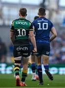 3 May 2025; Fin Smith of Northampton Saints, left, and Sam Prendergast of Leinster during the Investec Champions Cup semi-final match between Leinster and Northampton Saints at the Aviva Stadium in Dublin. Photo by Brendan Moran/Sportsfile