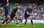 3 May 2025; Jordie Barrett of Leinster in action against Henry Pollock of Northampton Saints during the Investec Champions Cup semi-final match between Leinster and Northampton Saints at the Aviva Stadium in Dublin. Photo by Brendan Moran/Sportsfile