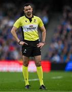 3 May 2025; Referee Pierre Brousset during the Investec Champions Cup semi-final match between Leinster and Northampton Saints at the Aviva Stadium in Dublin. Photo by Brendan Moran/Sportsfile
