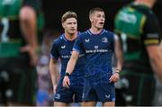 3 May 2025; Sam Prendergast, right, and Jordie Barrett of Leinster during the Investec Champions Cup semi-final match between Leinster and Northampton Saints at the Aviva Stadium in Dublin. Photo by Brendan Moran/Sportsfile