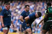 3 May 2025; Leinster forwards, from left, Tadhg Furlong, Cian Healy and Dan Sheehan during the Investec Champions Cup semi-final match between Leinster and Northampton Saints at the Aviva Stadium in Dublin. Photo by Brendan Moran/Sportsfile