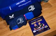 3 May 2025; The match programme and playing kit of Cian Healy in the Leinster dressingroom before the Investec Champions Cup semi-final match between Leinster and Northampton Saints at the Aviva Stadium in Dublin. Photo by Brendan Moran/Sportsfile