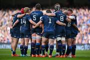 3 May 2025; The Leinster team huddle during the Investec Champions Cup semi-final match between Leinster and Northampton Saints at the Aviva Stadium in Dublin. Photo by Brendan Moran/Sportsfile