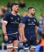 3 May 2025; Joe McCarthy, left, and Max Deegan of Leinster after the Investec Champions Cup semi-final match between Leinster and Northampton Saints at the Aviva Stadium in Dublin. Photo by Brendan Moran/Sportsfile