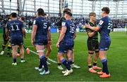 3 May 2025; Henry Pollock of Northampton Saints and Jordie Barrett of Leinster, 23, shake hands after the Investec Champions Cup semi-final match between Leinster and Northampton Saints at the Aviva Stadium in Dublin. Photo by Brendan Moran/Sportsfile