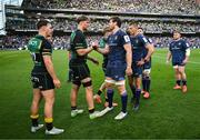 3 May 2025; Alex Coles of Northampton Saints and Ryan Baird of Leinster shake hands after the Investec Champions Cup semi-final match between Leinster and Northampton Saints at the Aviva Stadium in Dublin. Photo by Brendan Moran/Sportsfile