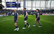 3 May 2025; Leinster players, from left, Jamison Gibson-Park, Jack Conan and Andrew Porter after the Investec Champions Cup semi-final match between Leinster and Northampton Saints at the Aviva Stadium in Dublin. Photo by Brendan Moran/Sportsfile