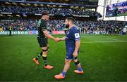 3 May 2025; Rabah Slimani of Leinster, right, and Tom Lockett of Northampton Saints shake hands after the Investec Champions Cup semi-final match between Leinster and Northampton Saints at the Aviva Stadium in Dublin. Photo by Brendan Moran/Sportsfile