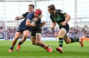 3 May 2025; Josh van der Flier of Leinster is tackled by Tommy Freeman of Northampton Saints during the Investec Champions Cup semi-final match between Leinster and Northampton Saints at the Aviva Stadium in Dublin. Photo by Brendan Moran/Sportsfile