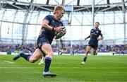 3 May 2025; Tommy O'Brien of Leinster on his way to scoring his side's first try during the Investec Champions Cup semi-final match between Leinster and Northampton Saints at the Aviva Stadium in Dublin. Photo by Brendan Moran/Sportsfile