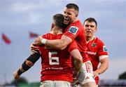 9 May 2025; Diarmuid Kilgallen of Munster, right, celebrates with teammate Peter O'Mahony after he scored a try during the United Rugby Championship match between Munster and Ulster at Thomond Park in Limerick. Photo by Brendan Moran/Sportsfile