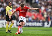 12 April 2025; Jack Crowley of Munster kicks a conversion during the Investec Champions Cup quarter-final match between Bordeaux Begles and Munster at Stade Chaban-Delmas in Bordeaux, France. Photo by Brendan Moran/Sportsfile