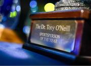 15 May 2025; A detailed view of The Dr Tony O'Neill Sportsperson of the Year award before the UCD Athletic Union Council Sports Awards 2025 at Astra Hall in UCD, Dublin. Photo by Seb Daly/Sportsfile