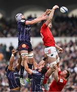 12 April 2025; Tom Ahern of Munster wins a lineout from Pierre Bochaton of Bordeaux Begles during the Investec Champions Cup quarter-final match between Bordeaux Begles and Munster at Stade Chaban-Delmas in Bordeaux, France. Photo by Brendan Moran/Sportsfile