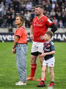12 April 2025; Peter O'Mahony of Munster with his son Theo and wife Jessica after the Investec Champions Cup quarter-final match between Bordeaux Begles and Munster at Stade Chaban-Delmas in Bordeaux, France. Photo by Brendan Moran/Sportsfile