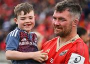 12 April 2025; Peter O'Mahony of Munster with his son Theo after the Investec Champions Cup quarter-final match between Bordeaux Begles and Munster at Stade Chaban-Delmas in Bordeaux, France. Photo by Brendan Moran/Sportsfile
