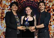 15 May 2025; UCD Mountaineering Club member Aoife O’Sullivan and Declan Scott are presented with the Varsity Club of the Year award by University College Dublin president Professor Orla Feely during the UCD Athletic Union Council Sports Awards 2025 at Astra Hall in UCD, Dublin. Photo by Seb Daly/Sportsfile