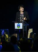15 May 2025; University College Dublin president Professor Orla Feely speaking during the UCD Athletic Union Council Sports Awards 2025 at Astra Hall in UCD, Dublin. Photo by Seb Daly/Sportsfile