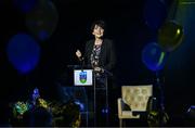 15 May 2025; University College Dublin president Professor Orla Feely speaking during the UCD Athletic Union Council Sports Awards 2025 at Astra Hall in UCD, Dublin. Photo by Seb Daly/Sportsfile