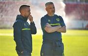 16 May 2025; Cork City coach Liam Kearney, left, and Cork City academy coach Greg Yelverton before the SSE Airtricity Men's Premier Division match between St Patrick's Athletic and Cork City at Richmond Park in Dublin. Photo by Sam Barnes/Sportsfile