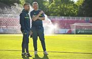 16 May 2025; Cork City coach Liam Kearney, left, and Cork City academy coach Greg Yelverton before the SSE Airtricity Men's Premier Division match between St Patrick's Athletic and Cork City at Richmond Park in Dublin. Photo by Sam Barnes/Sportsfile