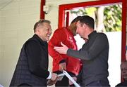 16 May 2025; Republic of Ireland head coach Heimir Hallgrimsson, left, shares a joke with newly appointed Cork City manager Gerard Nash before the SSE Airtricity Men's Premier Division match between St Patrick's Athletic and Cork City at Richmond Park in Dublin. Photo by Sam Barnes/Sportsfile