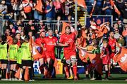 16 May 2025; Stuart McCloskey of Ulster leads his team mates out before the United Rugby Championship match between Edinburgh and Ulster at Hive Stadium in Edinburgh, Scotland. Photo by Paul Devlin/Sportsfile