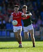 16 May 2025; Shane Lennon of Louth in action against John McMonagle of Mayo during the Dalata Hotel Group GAA Football All-Ireland U20 Championship semi-final match between Mayo and Louth at Glennon Brothers Pearse Park in Longford. Photo by Stephen Marken/Sportsfile
