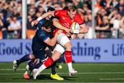 16 May 2025; Kieran Treadwell of Ulster is tackled by Magnus Bradbury of Edinburgh during the United Rugby Championship match between Edinburgh and Ulster at Hive Stadium in Edinburgh, Scotland. Photo by Paul Devlin/Sportsfile