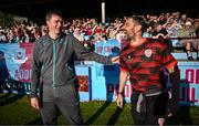 16 May 2025; Drogheda United manager Kevin Doherty, left, and Derry City manager Tiernan Lynch before the SSE Airtricity Men's Premier Division match between Drogheda United and Derry City at Sullivan & Lambe Park in Drogheda, Louth. Photo by Ramsey Cardy/Sportsfile