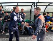 16 May 2025; Kerry manager Colin Healy, left, shakes hands with Wexford manager Stephen Elliott before the SSE Airtricity Men's First Division match between Kerry and Wexford at Mounthawk Park in Tralee, Kerry. Photo by Michael P Ryan/Sportsfile