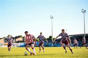 16 May 2025; Michael Duffy of Derry City in action against James Bolger of Drogheda United during the SSE Airtricity Men's Premier Division match between Drogheda United and Derry City at Sullivan & Lambe Park in Drogheda, Louth.