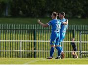 16 May 2025; Padraig Amond of Waterford, right, celebrates with teammate Sam Glenfield after scoring his side's first goal during the SSE Airtricity Men's Premier Division match between Waterford and Shamrock Rovers at the Regional Sports Centre in Waterford. Photo by Thomas Flinkow/Sportsfile