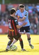 16 May 2025; Harry Wood of Shelbourne in action against Niall Morahan of Bohemians during the SSE Airtricity Men's Premier Division match between Bohemians and Shelbourne at Dalymount Park in Dublin. Photo by Seb Daly/Sportsfile