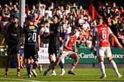 16 May 2025; Mason Melia of St Patrick's Athletic, second from right, celebrates after scoring his side's first goal during the SSE Airtricity Men's Premier Division match between St Patrick's Athletic and Cork City at Richmond Park in Dublin. Photo by Sam Barnes/Sportsfile