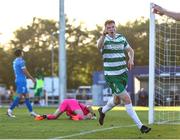 16 May 2025; Rory Gaffney of Shamrock Rovers celebrates after scoring his side's first goal during the SSE Airtricity Men's Premier Division match between Waterford and Shamrock Rovers at the Regional Sports Centre in Waterford. Photo by Thomas Flinkow/Sportsfile